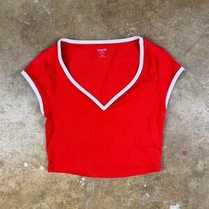 Old Navy Active Powersoft‎ Crop Top Women’s Small Red White Trim V-Neck Go-Dry